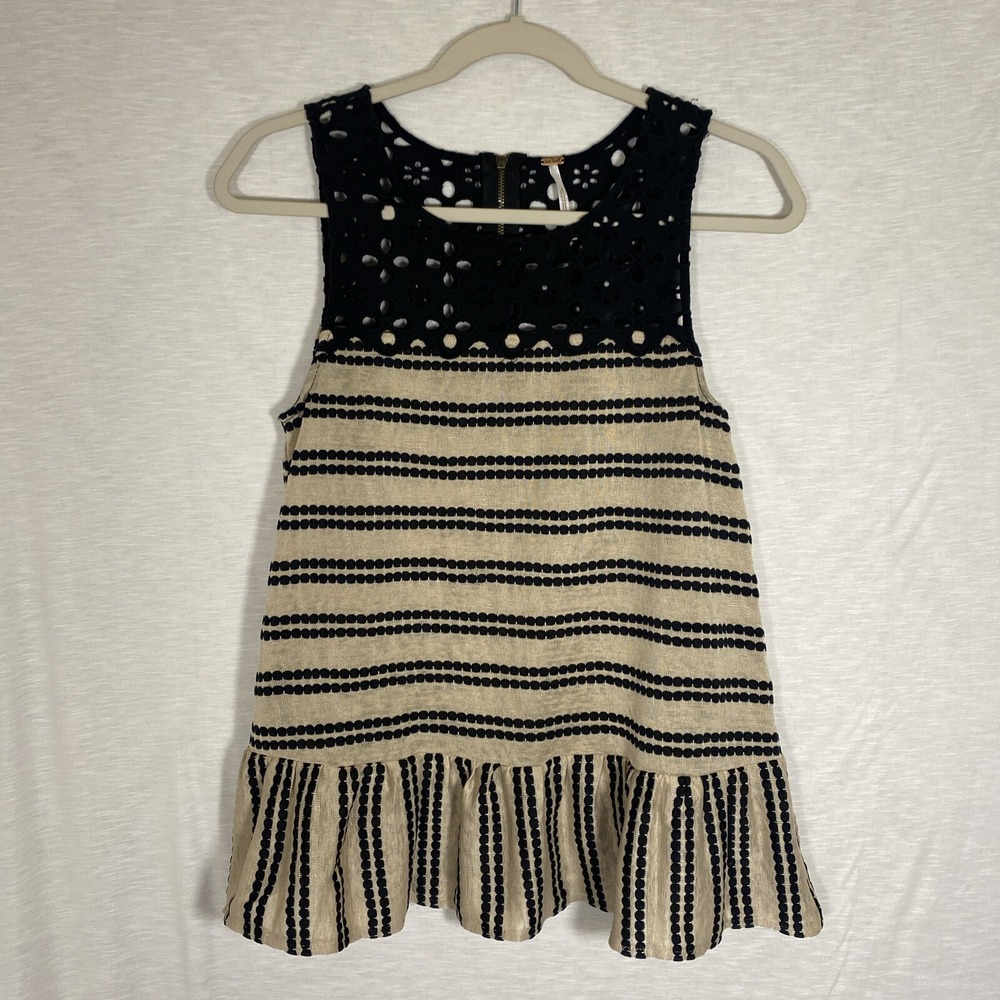 Free People Sleeveless Peplum Top‎ Black Tan Stripe Eyelet Trim Size Small